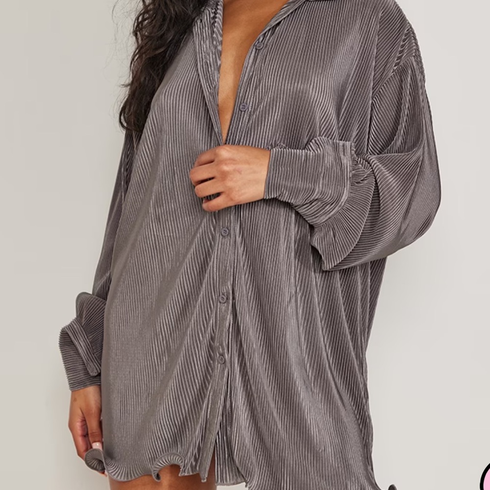 Charcoal Plisse Frill Hem Shirt Dress